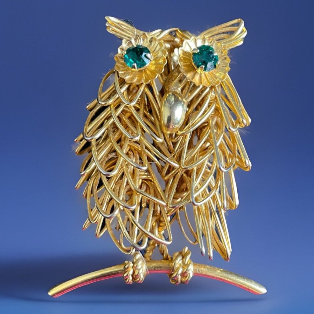 Vintage Direction One Owl Brooch Pin Gold-Tone Wire Feather Green Rhinestones